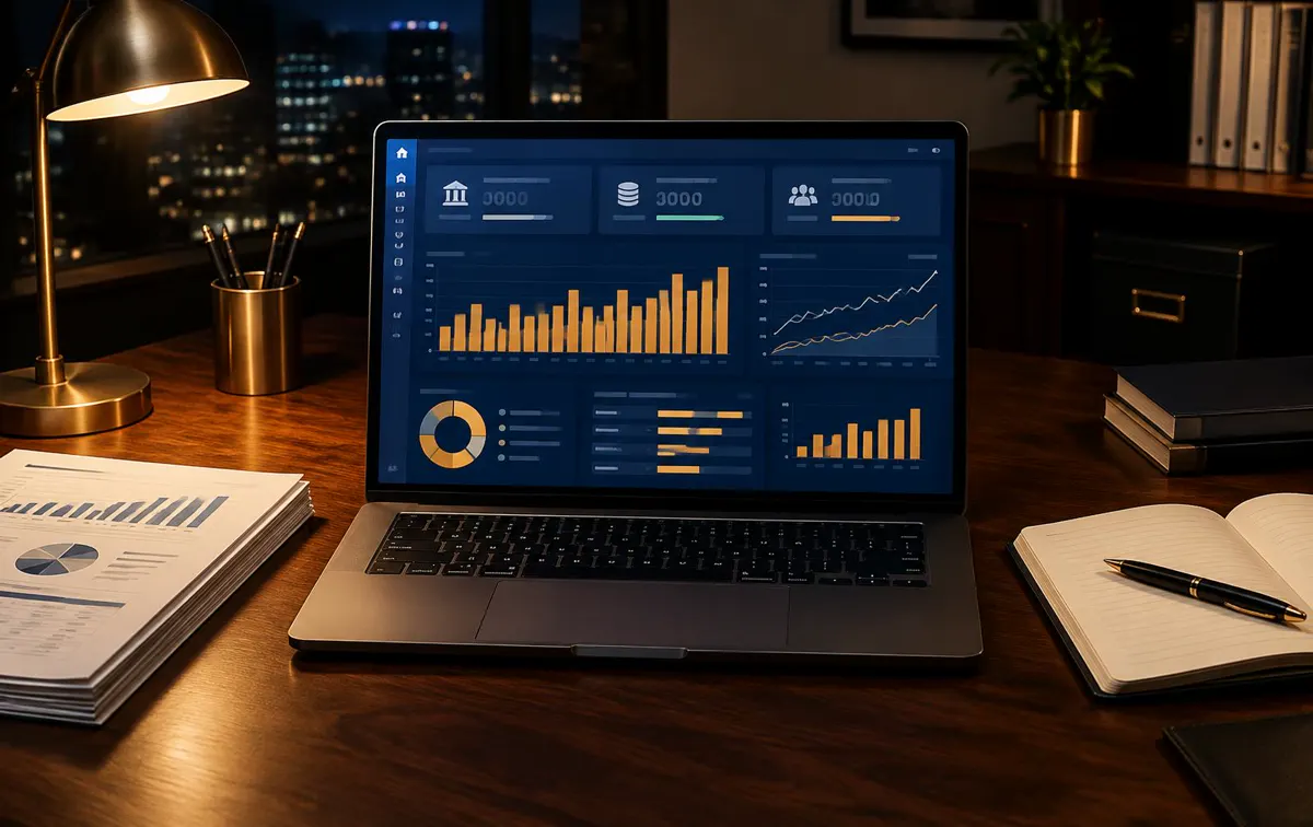 Painel de gestão aberto num notebook, sobre uma mesa com relatórios
