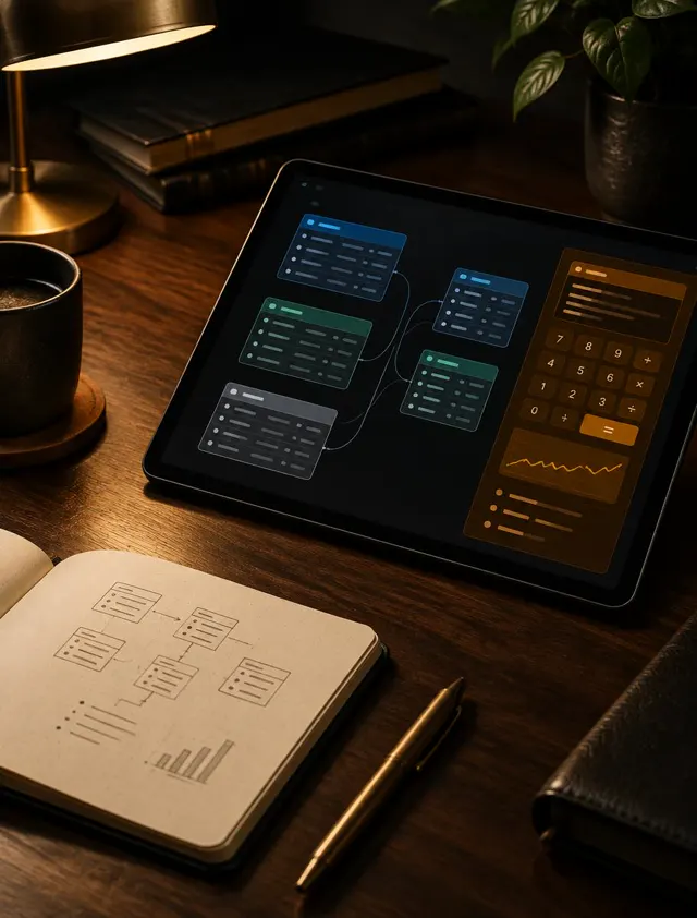 Tablet mostrando um modelo de dados com tabelas conectadas